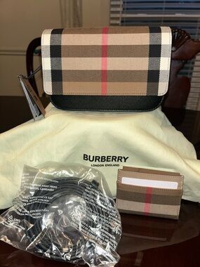 Burberry Check Canvas Crossbody in Beige, Black & Red